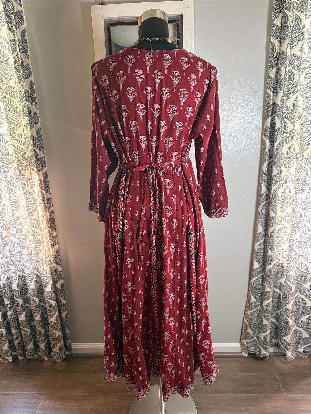 April Cornell 100% Cotton Blockprint Made in India Tie back Maxi Dress SZ L - Picture 6 of 12